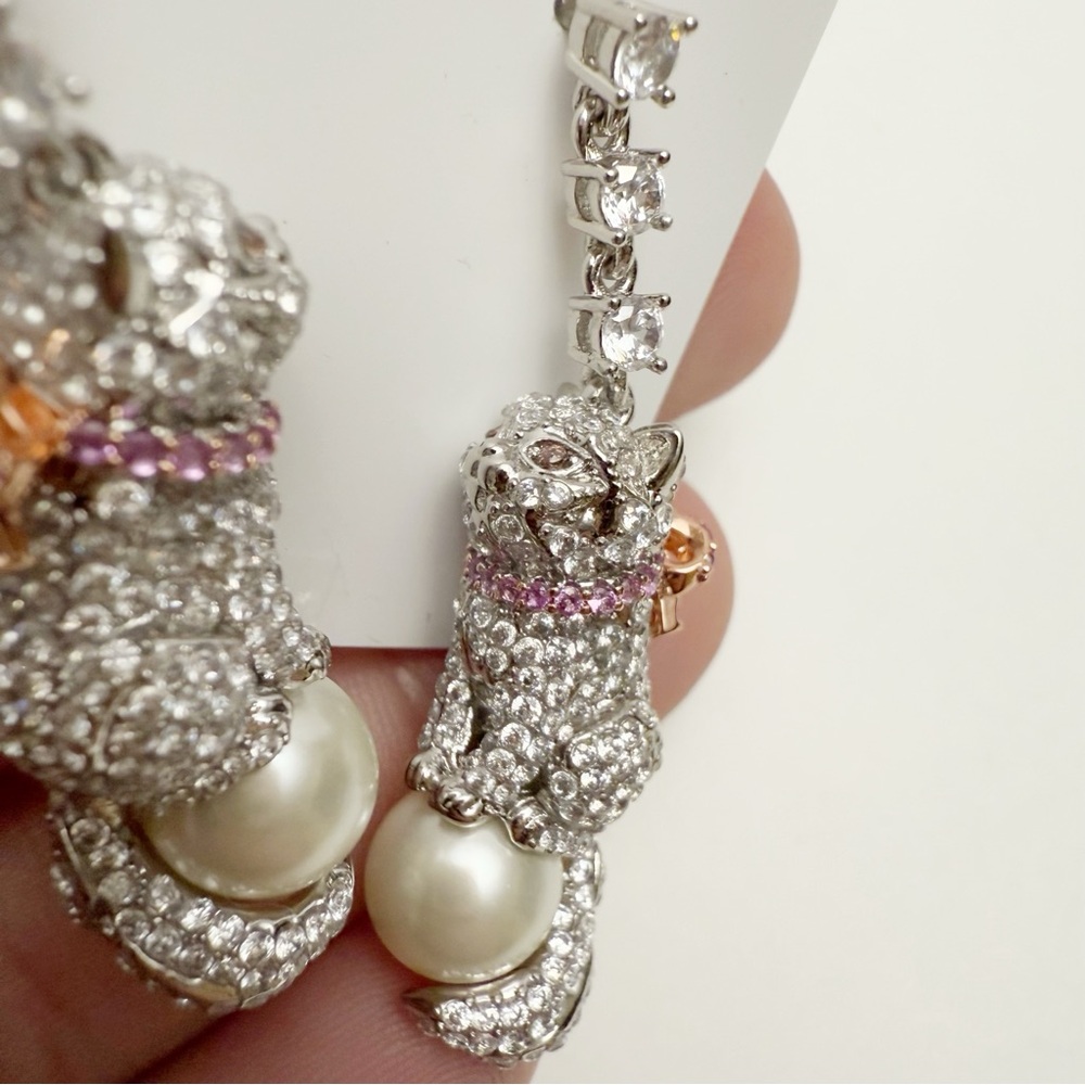 Kate Spade Pawlina Cat with Pink Bow Rhinestone Faux Pearl Linear Earrings NEW - Picture 6 of 8